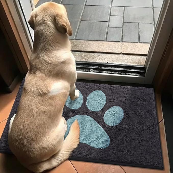 Buganda Dog Door Mat for Muddy Paws, Absorbent Dirt Trapper Non Slip Indoor Doormats, Washable Low-Profile Mat for Mud Dogs, Entryway Carpet for Inside Floor (30x20 Inches, Dark Grey and Blue)