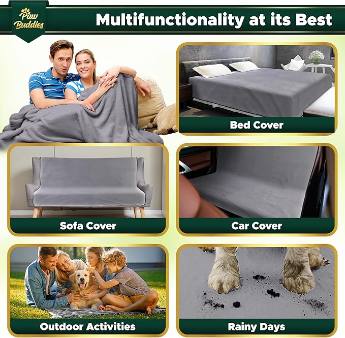 Paw Buddies Waterproof Blanket 80"x90" – Reversible Microfleece Throw for Couples, Pets & Family – Leakproof, Machine Washable Bed & Sofa Protector for Home or Travel