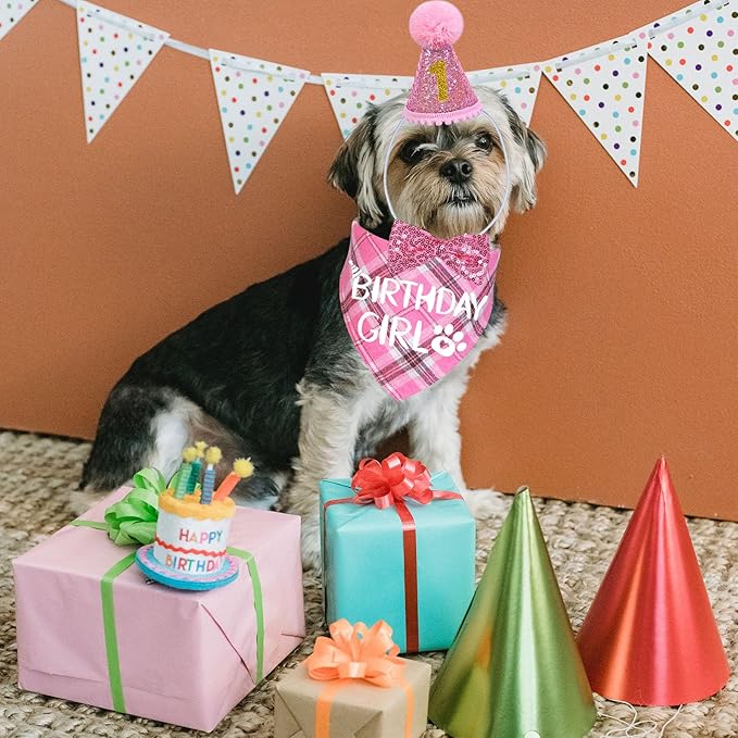 STMK Dog Birthday Outfits, Multi Size Dog Birthday Hat Dog Birthday Girl Bandana Bow Tie Birthday Numbers for Small Medium Dogs Pets (Pink, Small)