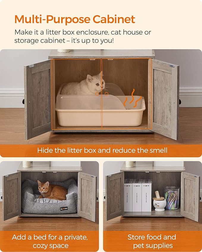 Feandrea Cat Tree with Litter Box Enclosure, 59-Inch Modern Cat Tower, 2-in-1 Condo with Scratching Posts, Washable Removable Cushion, Greige UPCT113G01
