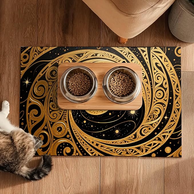 Cat Feeding Mat 24x16 inch Gold Black Artistic Cat Print Pet Bowl Placemat Non Slip Floor Mat for Food and Water Indoor Kitty Feeding Station Elegant Meal Pad for Small Pets Kitchen Use