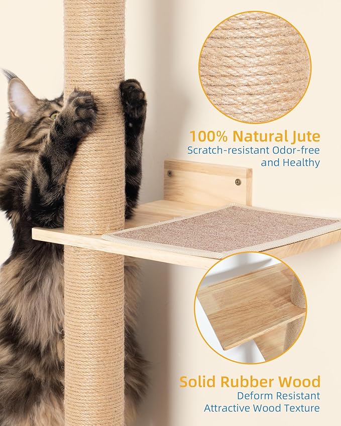 80inch Tall Cat Tree Wall Mount, 15.8in Top Perch Bed for Large Adult Cats, Adjustable Cat Tower Floor to Ceiling for Scratch, Climb, and Lookout