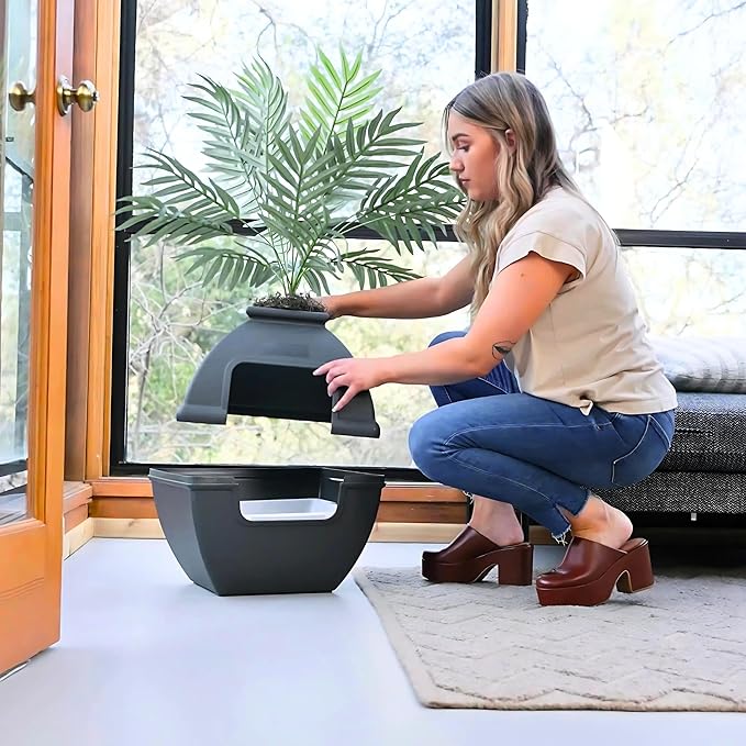 Good Pet Stuff Hidden Litter Box Planter, Decorative Cat Litter Enclosure with Carbon Filter, Artificial Plant, Easy Clean, Indoor Design, Courtyard Square Style, Essentials Kit, Black Suede