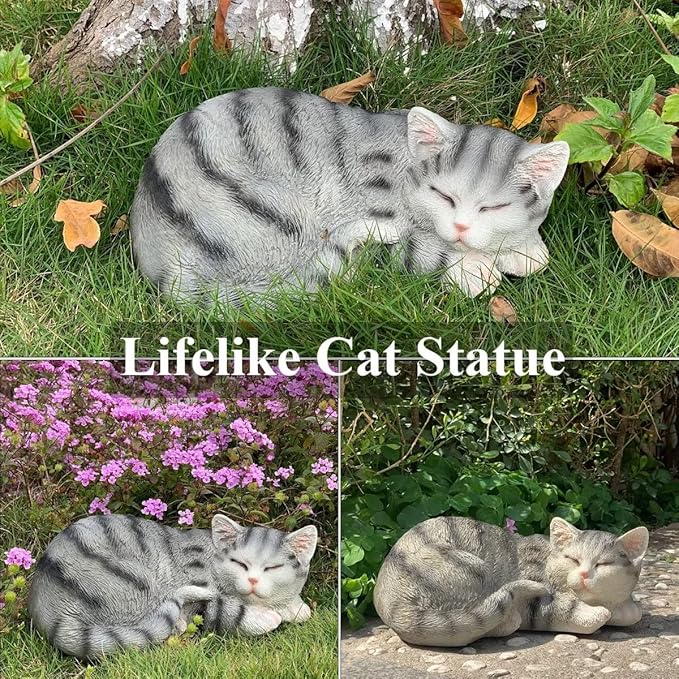 GARDEN WHISPER Cat Statue, Grey, Resin, Contemporary, Outdoor / Indoor Decor, 11.4" L x 7.1" W x 4.3" H, 1.5 lbs