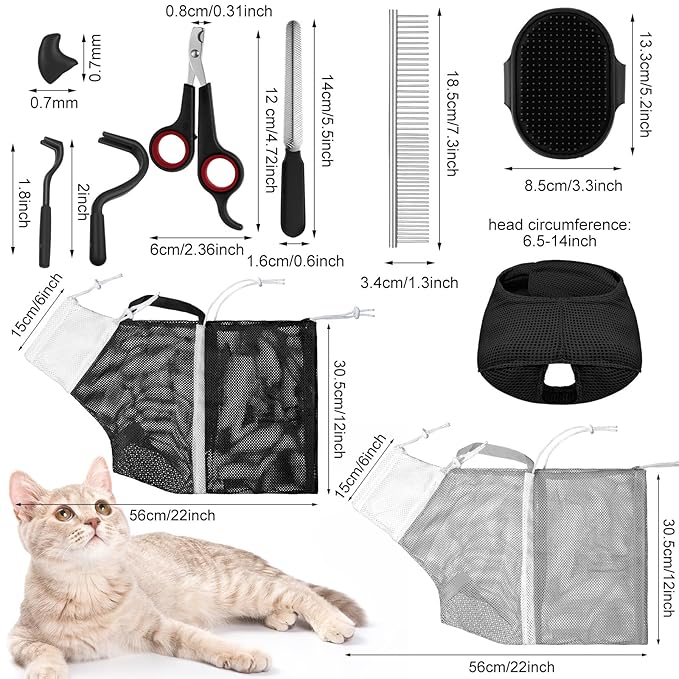 10 Pcs Cat Bathing Bag Set Pet Mesh Shower Bag Anti Bite and Scratch Pet Grooming for Washing Brush, Cat Muzzle, Nail Clipper, Nail File, Tick Tool(Gray and Black)
