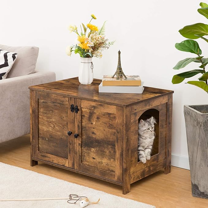 HOOBRO Litter Box Enclosure, Cat Litter Box Furniture with Removable Divider, Large Hidden Litter Box Furniture, Wooden Cat House, End Side Table, 31" L x 17.5" W x 19.7" H Rustic Brown BF03MW01G2
