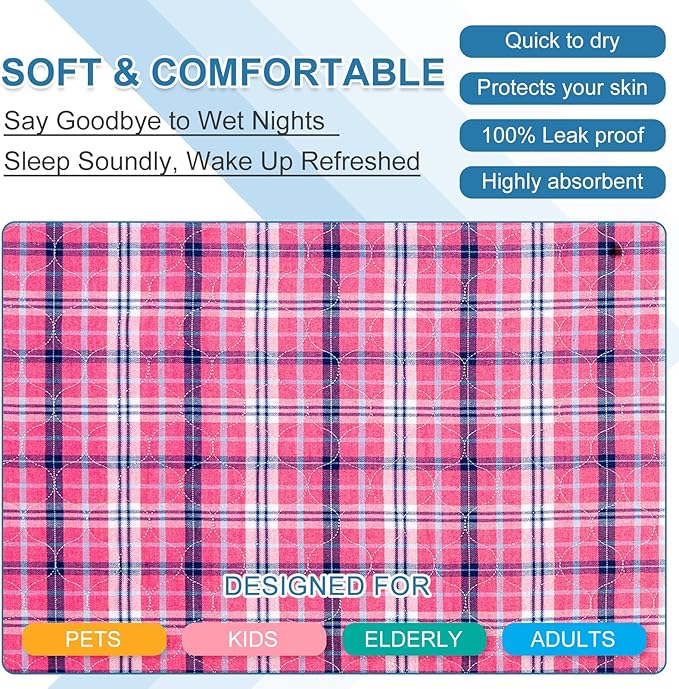 OUTCREATOR® Washable Bed Pads 34" x 54" (Pack of 2) for Incontinence Mattress Protector, Reusable Underpads for Elderly, Adults, Kids, Pets with Anti-Slip Bottom (Pink Plaid)