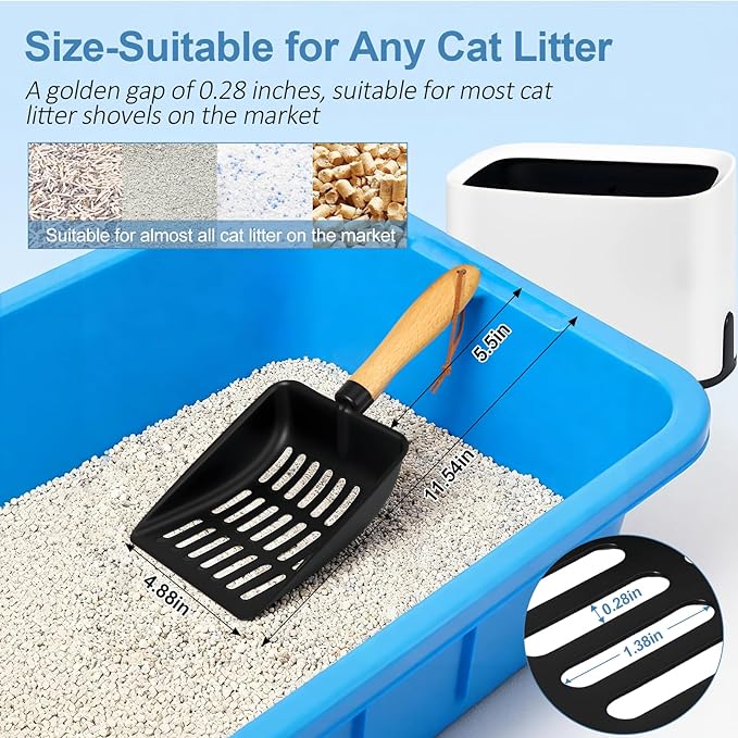 Cat Litter Scoop, Metal Litter Scoop, Heavy Duty Metal Cat Scooper for Litter Box, Black Sifter Scoop for Pellets, Wooden Handle Scoop with Hole, Kitty Necessity (5.5" Handle with Holder)
