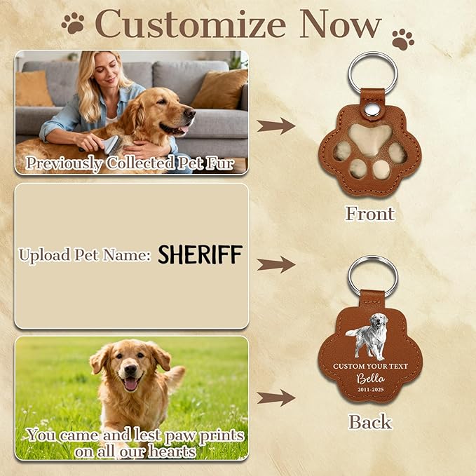 Eunigem Personalized Pet Hair Keychain for Dogs Cats-Custom Paw Keychains for Dog Hair-Shaped Leather Keychain,Pet Memorial Gifts Remembrance Accessory Refillable Keepsake for Bag or Key (Color-6)