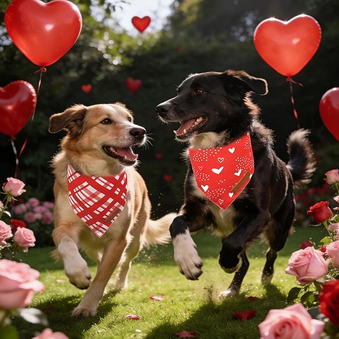 Realeaf Valentine's Day Dog Bandanas 2 Pack, Reversible Red Plaid Heart Dog Scarf for Boy and Girl, Premium Durable Fabric, Holiday Love Bandana for Large and Extra Large Dogs Pets (Small)