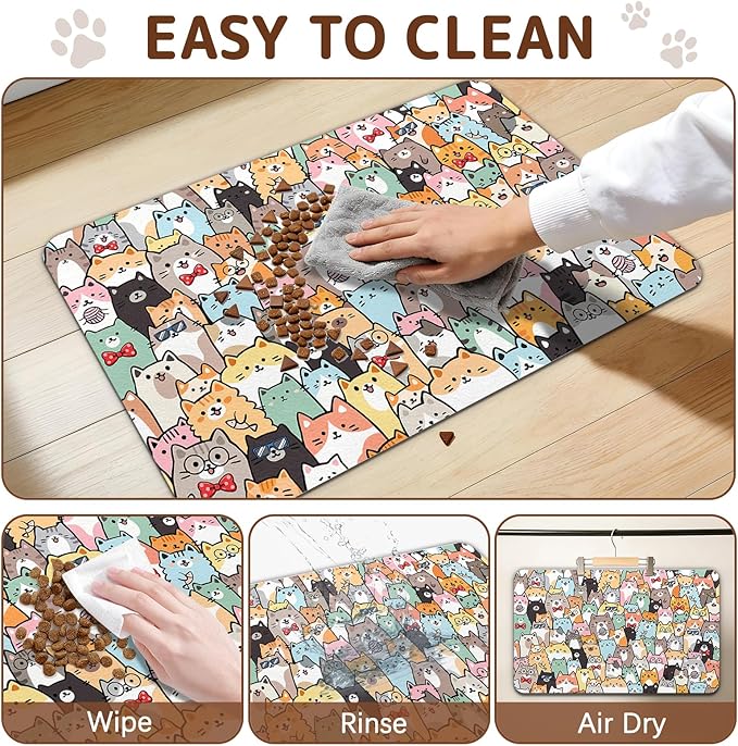 Dog Food Mat for Bowls, Absorbent Quick Dry Dog Cat Mats for Food and Water, Non-Slip Backing Pet Mat Pet Supplies - Cat Pattern