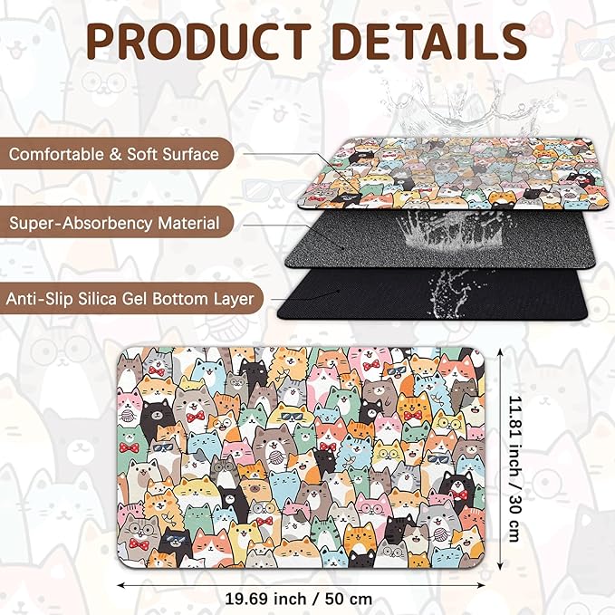 Dog Food Mat for Bowls, Absorbent Quick Dry Dog Cat Mats for Food and Water, Non-Slip Backing Pet Mat Pet Supplies - Cat Pattern