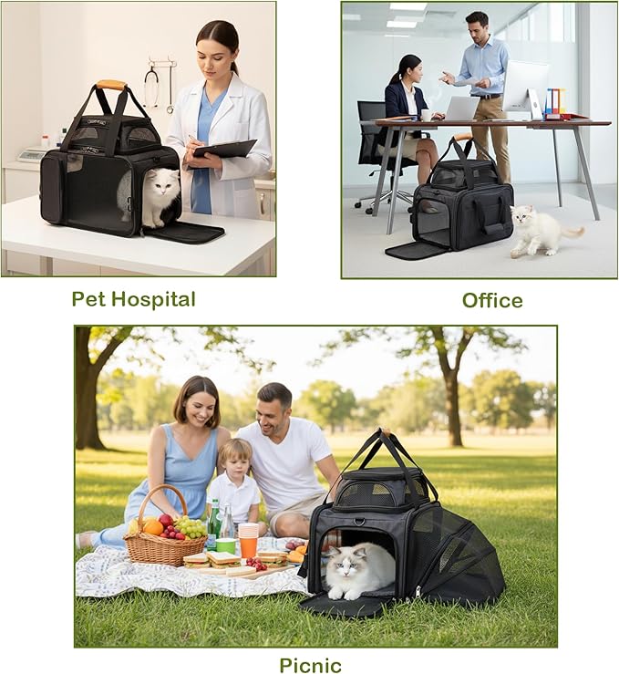 Expandable Pet Carrier Bag - Airline-Approved, Breathable Mesh, Secure Zippers, Padded Handle & Multi-Pockets (Light Grey)