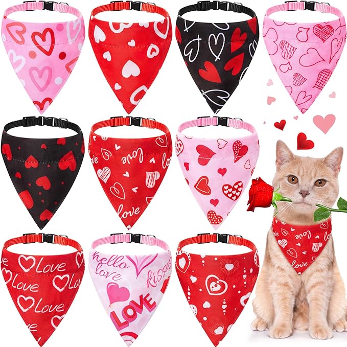 Sanwuta 10 Pcs Mother's Day Cat Collar Bandanas, Breakaway Adjustable Kitty Triangle Scarf with Red Pink & Black Heart Prints, Cute Cat Costume for Mom Gift, Photos & Spring Party