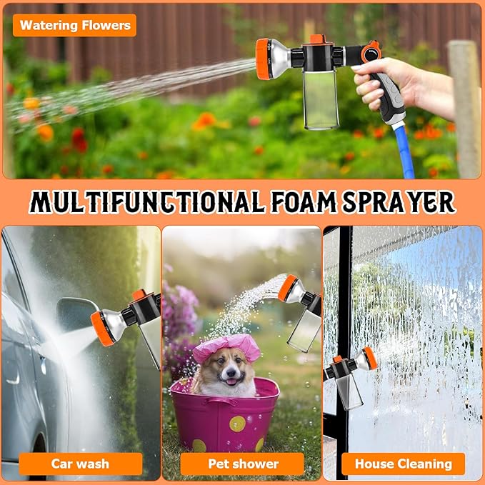 Dog Wash Hose Attachment, Garden Hose Nozzle Sprayer with Soap Dispenser, 8 Patterns High Pressure Water Hose Spray Nozzles for Watering Plants, Car Washes, Pet Showers