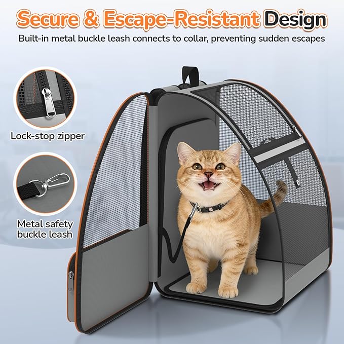 Cat Backpack Carrier Expandable for Outdoor - Foldable Cat Backpack with Breathable Mesh for Small Dog Puppy Kitten Up to 15 lbs - Soft-Sided Pet Carrier for Travel Hiking Camping (Gray)