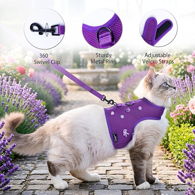 Cat Harness and Leash for Walking Escape Proof Breathable Mesh Fabric, Purple, Large, Adjustable Cat Walking Jackets with DIY Beads, Padded Stylish Cat Vest