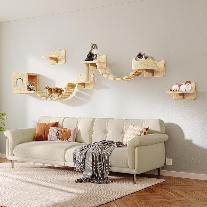 9-in-1 Cat Wall Shelves, Wall Mounted Cats Furniture Set with Plush Fabric, Cat Climbing Wall Systems, Cats Shelf Furniture with Condos, House, Steps, Bridge Ladder, Scratching Post, Beige