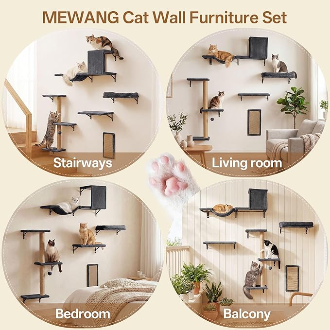 MEWANG 5-in-1 Cat Wall Shelves: Cat Climbing Furniture with Wall Mounted Perch & Lounge for Indoor Cats, Space-Saving Wall Pet Shelves for Play & Rest - Grey