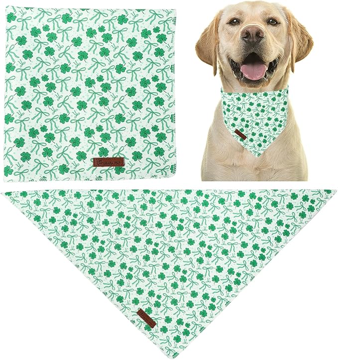St. Patrick's Dog Bandana, UP URARA PUP Shamrock Triangle Bid, Clover and Bow Pattern Scarf for Medium Large Dogs, Cotton Kerchief for Girl Boy Puppies, Cute Spring Green Bandana,L