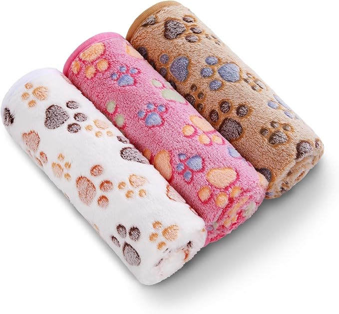 Luciphia 1 Pack 3 Blankets Super Soft Fluffy Premium Fleece Pet Blanket Flannel Throw for Dog Puppy Cat Paw Brown/Pink/White Small(23x16 inch)