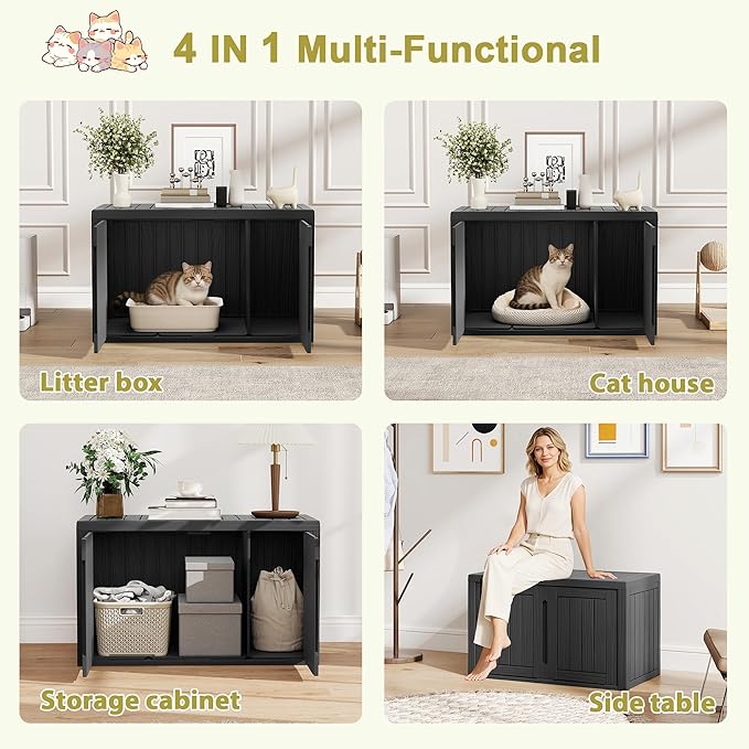Cat Litter Box Enclosure, Hidden Enclosed Litter Box Furniture with Adjustable Partition, Multi-Functional Outdoor Cat House, Side Table, Easy to Clean, Dark Black