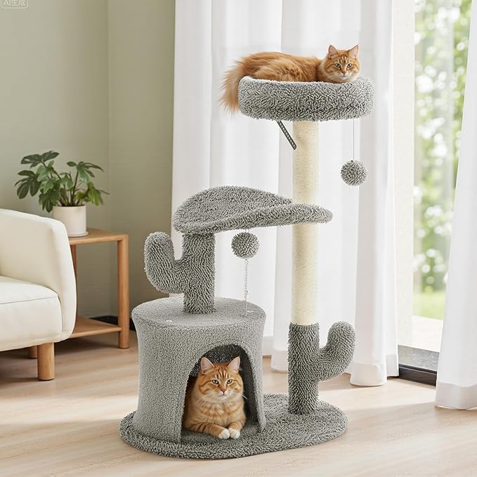 33 Inch Small Cat Tree Tower, Cat Tree with Curved Bed, Cat Tower with Scratching Post and Cozy Condo for Indoor Kittens and Cats, Grey