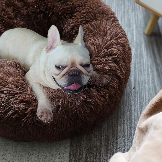 Calming Donut Dogs Beds for Small Dogs Washable,23inch Plush Round Pet Bed for Cozy Sleep,Fluffy Faux Fur Large Cat Bed,Fits up to 25 lbs Pets,Chocolate Brown