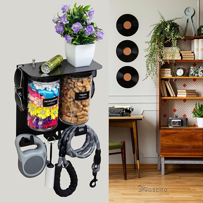Dog Treat Holder For Wall Storage For Pets, Premium Pet Wall Organizer, Includes Two 32oz Airtight Dog Treat Jar, 3 Sets of Triple Hooks, Sturdy Shelf in Modern Black