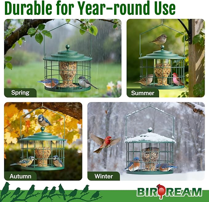 Squirrel Proof Bird Feeder, Metal Cage Bird Feeder for Outdoors Hanging, Starling Resistant Design for Small Birds, Weatherproof with Drain Holes, Easy to Refill, Green