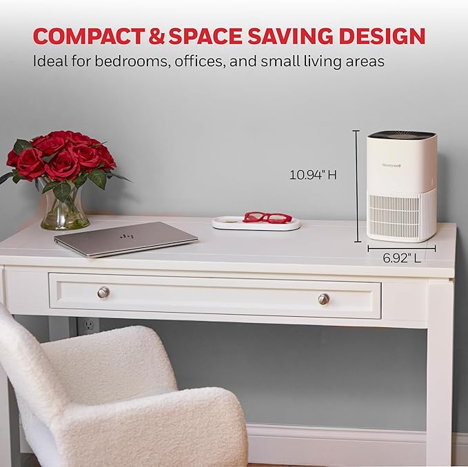 Honeywell Allergen Plus Compact HEPA Small Room Air Purifiers for Home, Up to 530 Ft² Coverage, 3-in-1 Filter, Pet Dander, Smoke & Odor Reducer Air Quality Sensor with Auto Mode, White, HPA125W