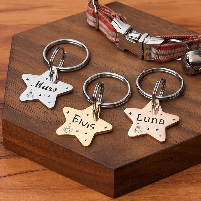 Anavia Small Size Dog Cat ID Tags, Small/XS Personalized Color Plated Stainless Steel Puppy Kitten Name Tags, Customized Engraved Nameplate Pet Collar Tag (Rainbow, Star)