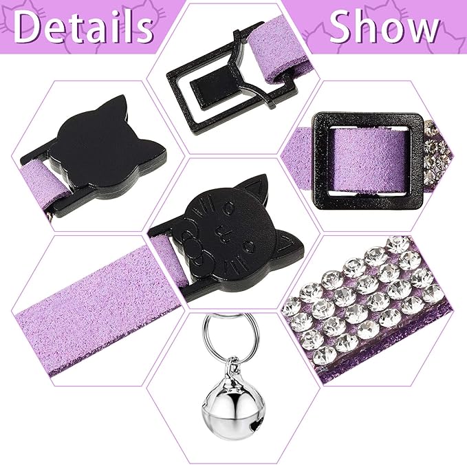Weewooday 4 Pieces Rhinestones Cat Collars Breakaway Cat Collar with Bell Bling Pet Accessories with Soft Velvet, 4 Colors(XS,Purple, Blue, Gold, Pink)