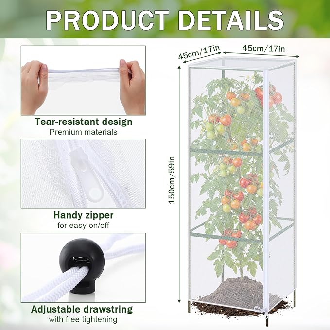 6 Pcs Garden Bird Netting Plant Cover for Square Tomato Cage 59" x 17.7'' Insect Bird Barrier Tomato Cage Net with Zipper & Drawstring, Plant Trellis Netting Protection Cover