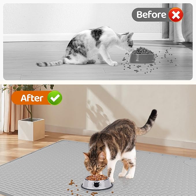 Cat Food Mat, 57" x 40" Extra Large Silicone Pet Feeding Mat with Raised Edge Pet Placemat for Food and Water Bowl Non-Slip, Easy to Clean, Floor Protection (Light Grey)