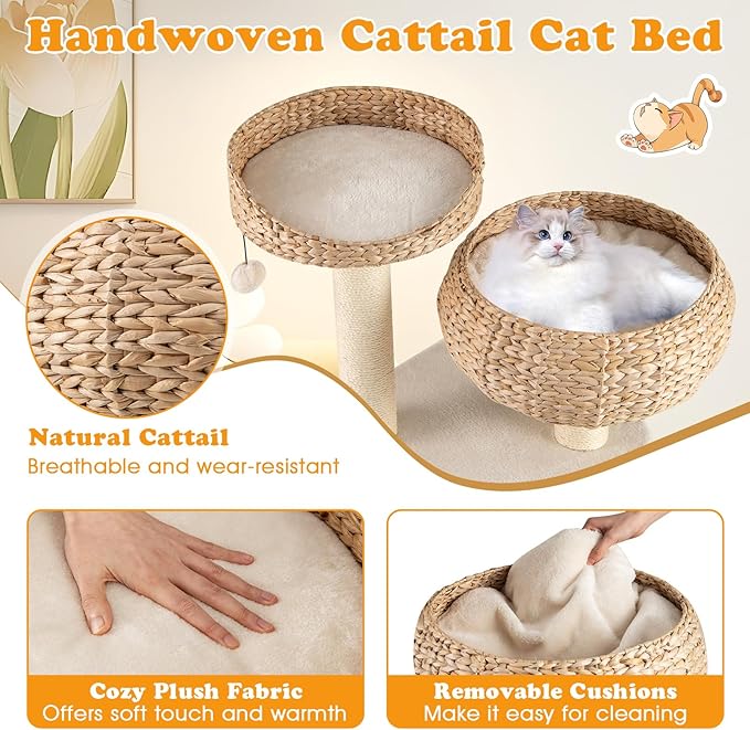 PETSITE 41 Inch Modern Cat Tree for Indoor Cats, Multi-Level Cute Cat Tree with Scratching Posts, Hand-Made Wicker Cat Condo & Top Perch, Dangling Ball, and Sisal Rope, Beige