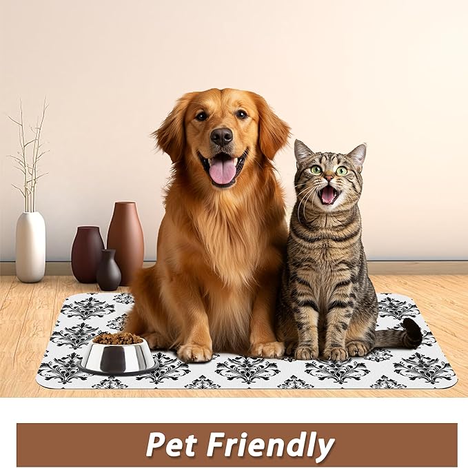 Vintage Damask Flower Dog Cat Food Mat,White Black Floral Absorbent Pet Feeding Mat for Food and Water,Non-Slip Dog Bowl Mats Floor Protector 12"x20"