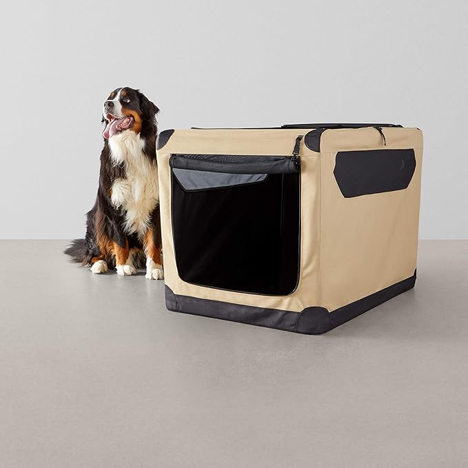 Amazon Basics Portable Folding Soft Dog Crate, Double Door, Collapsible Travel Kennel, Easy to Set Up, Sturdy, Secure, XL 42" x 31" x 31", Tan