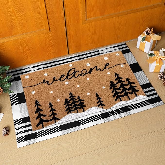 Tinideya 2 Pcs Door Mat Welcome Non Slip Coir Mats Floor Layering Doormats Seasonal for Front Porch Entryway Decor(Snowy Tree)