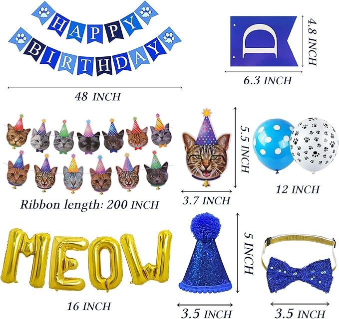 STMK Cat Birthday Party Supplies, Cat Birthday Hat with Numbers Bandana Bow Tie Collar Banner Garland MEOW Letter Balloons for Cats Kittens Outfits Decorations