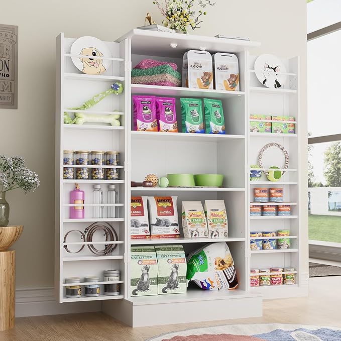 47" Dog Food Storage Cabinet with Doors and Adjustable Shelves, Freestanding Pet Storage Container Organizer for Living Room and Dinning Room, White