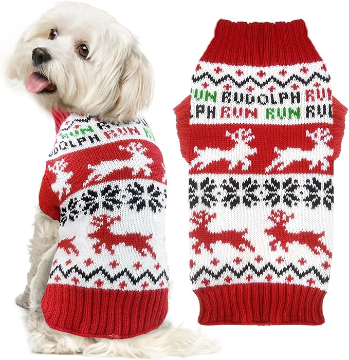Dog Christmas Sweater Xmas Pet Clothes Cute Reindeer Christmas Dog Costume Outfits Holiday Knitwear Puppy Cat Jumpers New Year Gifts for Small Medium Large Dogs(Red Runing Deer,M)