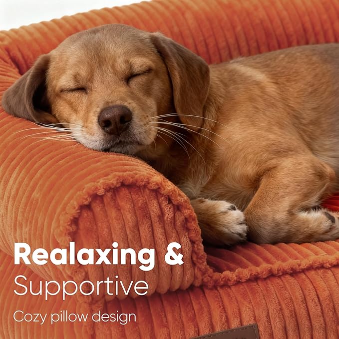 FUKUMARU Dog Couch Bed, Corduroy Cozy Cat Bed for Indoor Cats with Washable Cover, 28in Waterproof Orthopedic Dog Beds Sofa for Small Dogs and Large Cats, Cute Warm Cotton Pet Sofa, Orange