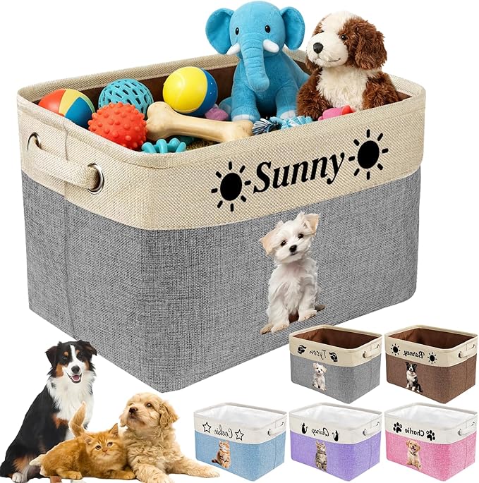 Personalized Dog Cat Toy Storage Basket with Photo & Name, Custom Collapsible Pet Organizer Bin with Handles for Toys, Clothes, Blankets & Pet Supplies
