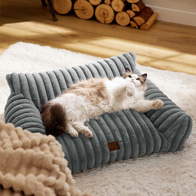 Bedsure ComfyFleece™ Cute Cat Couch for Pets - As Seen on TV on Good Day New York, Small Medium Dog Bed, Supportive Couch Bed for Small Dogs, 30 Inch, Warm Grey