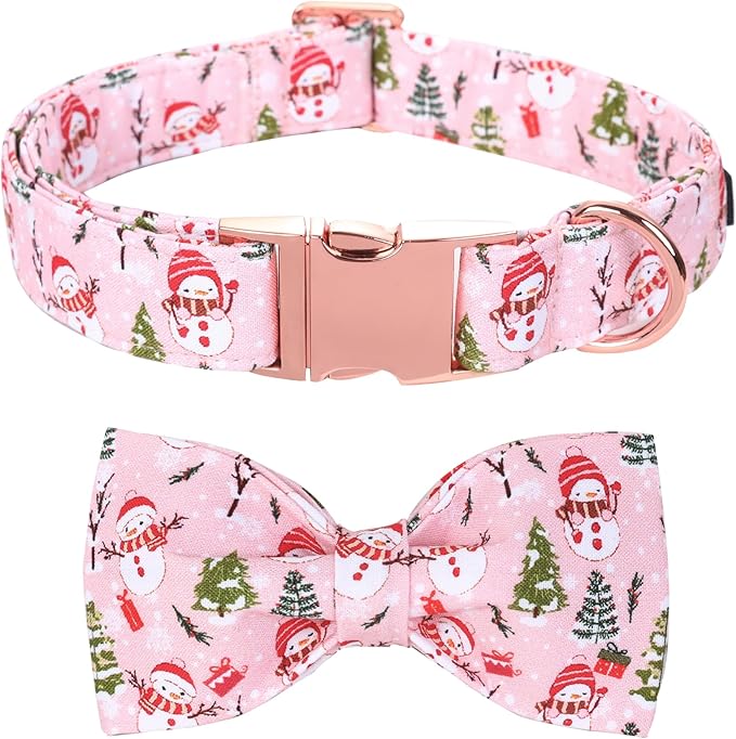 Christmas Dog Collar, Christmas Tree and Snowman Print Cute Winter Holiday Collars Cotton Adjustable Comfortable Pink Dog Collar with Bow,Stylish Collars for X-Large Girl Dogs