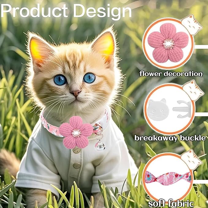 Cat Collar, HYQHYX Breakaway Kitten Collar with Flower,Rhinestone Kitty Collar with Bell, Floral Pet Collar with Safety Buckle for Cats and Puppy Dog