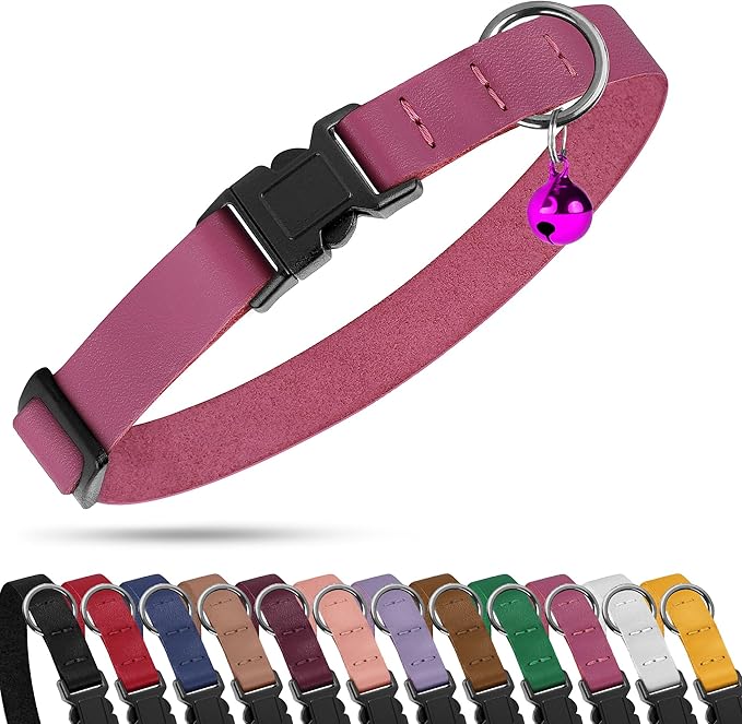 Breakaway Cat Collar with Bell - Leather Adjustable Kitten Collars with Safety Quick Release Buckle - Soft Small Pet Collars for Girl & Boy Cats (Pink)