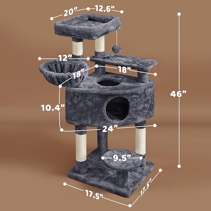 Yaheetech 46in Cat Tree Tower | Multi-Level Indoor Activity Center with Spacious Condos, Scratching Posts, Large Top Plush Perch | Sturdy, Easy to Assemble | for Kittens, Adult & Senior Cats