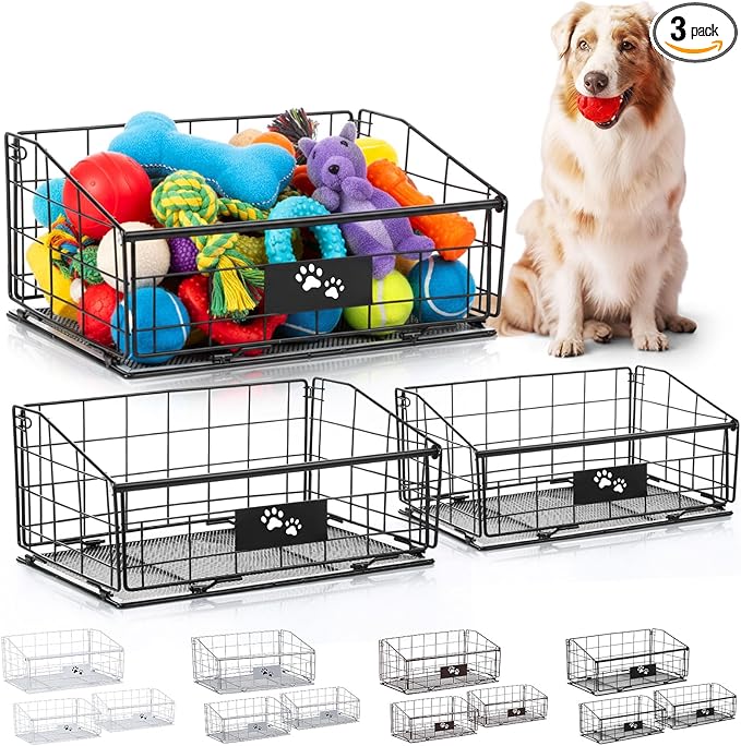 Mimorou 3 Pack Metal Dog Toy Baskets Multi-sized Foldable Dog Toy Bins Box Storage Container Organizer for Living Room Area Decorative Pet Accessories Coat Clothing Storage Holder Baskets(Black)